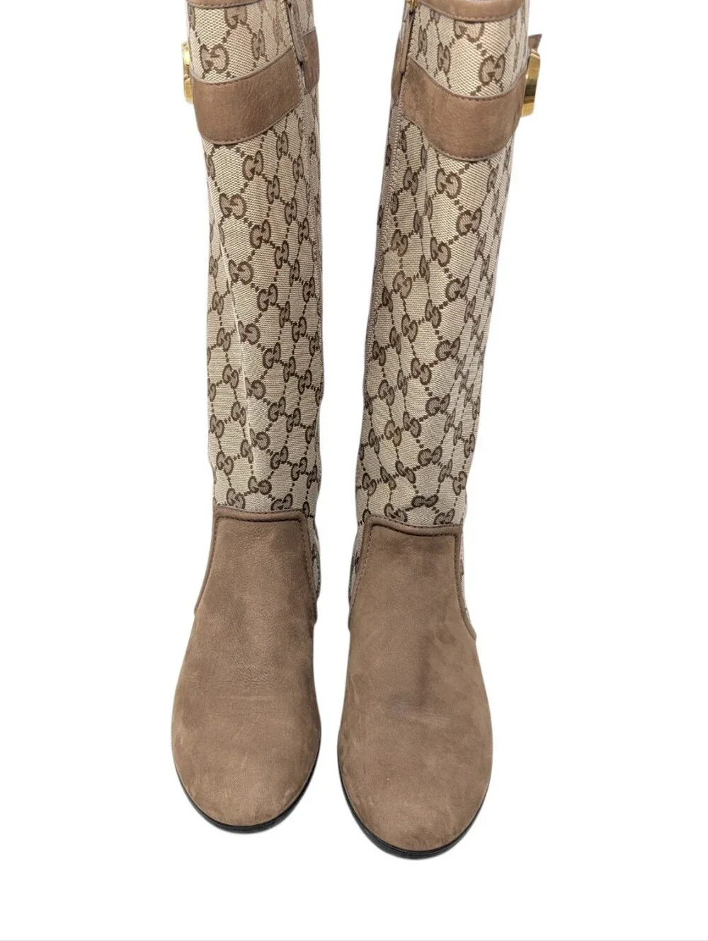 Gucci Monogram Beige Brown Canvas Suede Knee High Flat Riding Boots Size EU 37.5